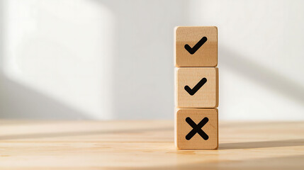 Wooden cubes with check and cross icons representing checklist, task completion, productivity, business planning, minimal workspace background