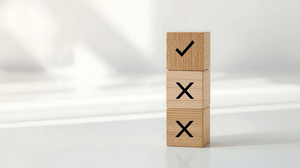 Wooden cubes with check and cross icons representing checklist, task completion, productivity, business planning, minimal workspace background