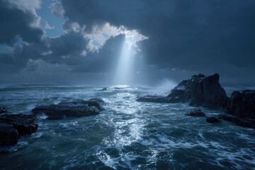 Stormy Seascape with Moonlight Beam.