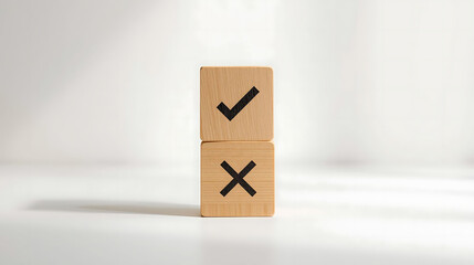 Wooden cubes with check and cross icons representing checklist, task completion, productivity, business planning, minimal workspace background