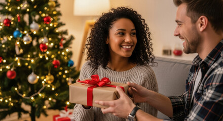 Smiling couple exchanging a gift near a decorated Christmas tree in a cozy living room