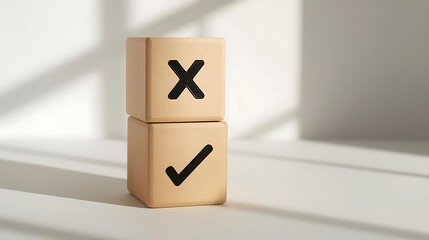 Wooden cubes with check and cross icons representing checklist, task completion, productivity, business planning, minimal workspace background