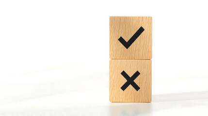 Wooden cubes with check and cross icons representing checklist, task completion, productivity, business planning, minimal workspace background