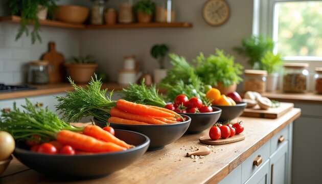 Kitchen interior boasts fresh produce in bowls. Carrots, tomatoes, peppers display zero waste lifestyle. Organic vegan ingredients for healthy eco cooking concept. Rustic kitchen with locally sourced