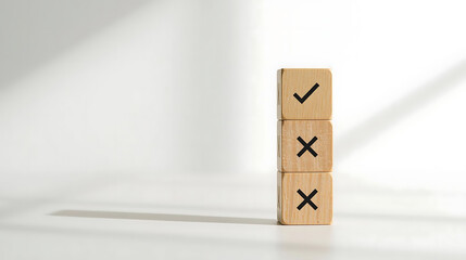 Wooden cubes with check and cross icons representing checklist, task completion, productivity, business planning, minimal workspace background