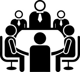 Team meeting around a table silhouette vector icon , black and white , white background