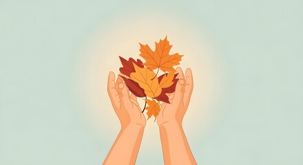 child hands reaching toward handful of golden leaves, light tones and smooth shapes create gentle mood.