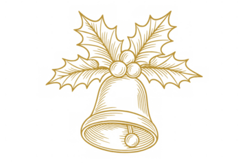 Golden line art drawing featuring a decorative bell with holly leaves and berries, representing christmas, holiday, and celebration