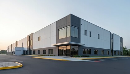 Naklejka premium Modern grey and white warehouse office building exterior. Large contemporary commercial structure with glass windows and doors. Empty parking lot in front.