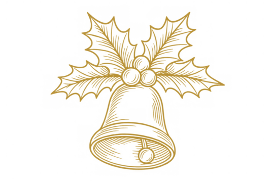 Golden line art drawing featuring a decorative bell with holly leaves and berries, representing christmas, holiday, and celebration