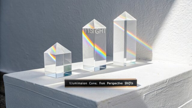 Three clear glass prisms refracting light creating rainbow effect