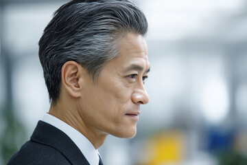 japanese, Side profile portrait of a business man, 50 years old, office background with copyspace