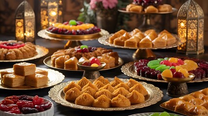 Fototapeta premium Ramadan Sweets Display, Elegant Display of Middle Eastern Desserts Baklava, Candied Frui