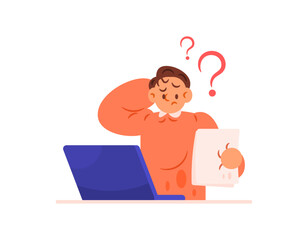 Illustration of a man having difficulty and confusion in completing an assignment. A student is confused about writing a thesis. Problems, wondering. Flat style character illustration. White backgroun