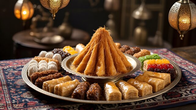 Ramadan Sweets Display, Traditional Middle Eastern sweets platter with baklava and kunaf