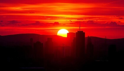 Blazing orange and purple sunset paints cityscape silhouettes, towers, background