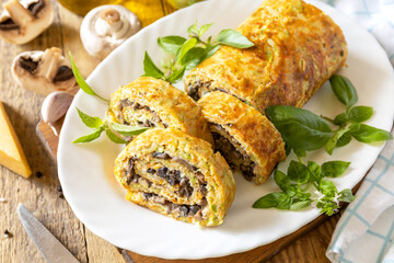 Zucchini roll with mushroom filling and herbs served on a white plate on a rustic table.