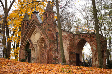 jesień, park pałacowy, arkadia, liście, budynki zabytkowe.  rośliny, polska, 