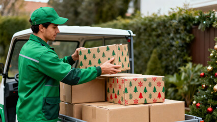 Diligent delivery man in green uniform handles Christmas holiday logistics by carefully loading package and gift box