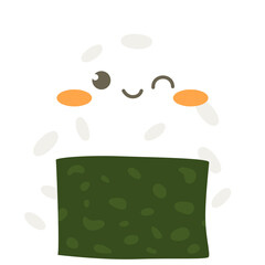 Cute Onigiri With Happy Winking Face And Rosy Cheeks Isolated On White Background