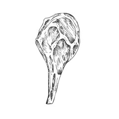 Vector Meat on the ribs. Graphic ink pork or beef illustration, isolated on background. Hand drawn line sketch. For designers, prints, logo, icon, menu, postcards, holiday, covers