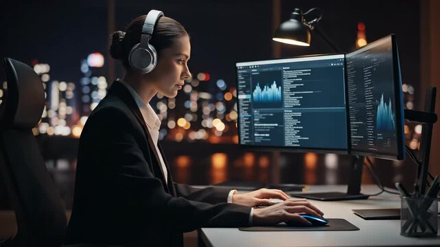 Businesswoman working at computer in dark office. Professional female analyst reviews data on screens. Night cityscape provides inspiration for focus and productivity. - Powered by Adobe