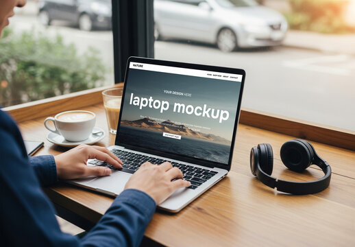 Person using a laptop in a restaurant or bar &ndash; mockup