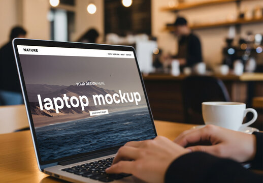 Person using a laptop in a bar or caf&eacute; - mockup