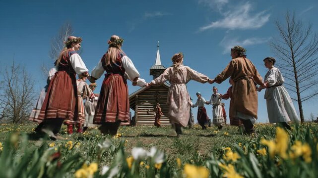 Traditional Russian villagers in colorful folk costumes dancing in joyful circle outdoors celebrating heritage, unity, and cultural identity in spring festival.