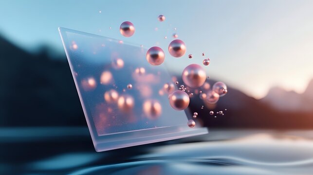 Floating pink spheres emerging from laptop screen in surreal digital art composition against blurred nature background at sunset. Creative technology concept.