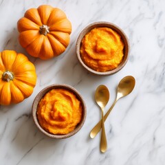 pumpkin mash in small bowls on marble surface, seasonal kitchen concept, ultrarealistic rendering, isolated on white background