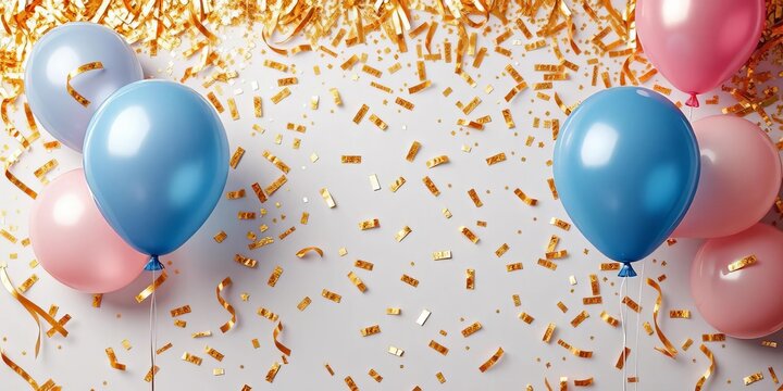 Elegant gold confetti & balloons birthday backdrop, shimmering texture, flyer, shimmer