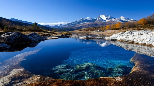 Tranquil mountain lake with crystal clear blue water reflecting snow-capped peaks and autumn foliage in alpine wilderness landscape. - Powered by Adobe