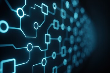 Obraz premium Glowing blue digital network of interconnected nodes and circuits illustrating abstract data connectivity and futuristic technology.