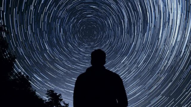 Starlit sky photography outdoor wilderness nature landscape nighttime setting silhouette viewpoint capturing celestial motion