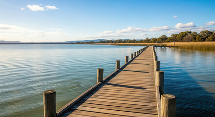 Naklejka premium Wooden pier extending into calm water, surrounded by lush greenery and distant hills, under a clear blue sky, creating a serene and tranquil natural landscape