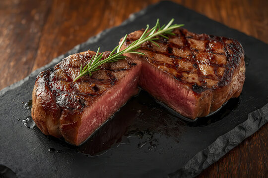 Steak beef cut ribeye, sirloin slice in medium rare cook level on stone plate on wooden table with rosemary