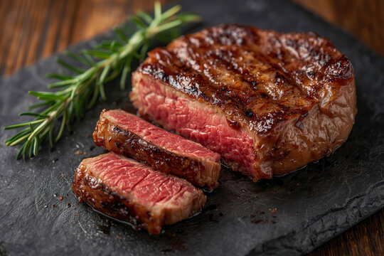 Steak beef cut ribeye, sirloin slice in medium rare cook level on stone plate on wooden table with rosemary