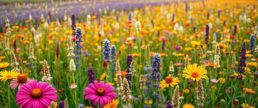 Endless field of wildflowers and herbs, vibrant summer colors, seamless repeat,  nature,  botany