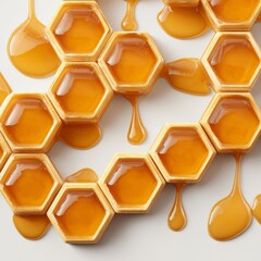 honeycomb pieces and drizzle lines in flat lay, nature sweetener theme, photorealistic lighting, isolated on white background