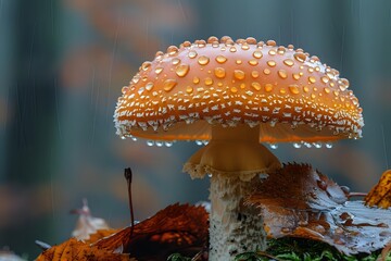 Orange amanita muscaria mushroom covered in morning dew drops growing in autumn forest, macro photography with soft bokeh background and fallen leaves.