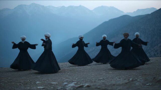 Group of sufi dervishes performing spiritual zikr whirling dance in mountain landscape symbolizing devotion, unity, and meditative faith in motion.
