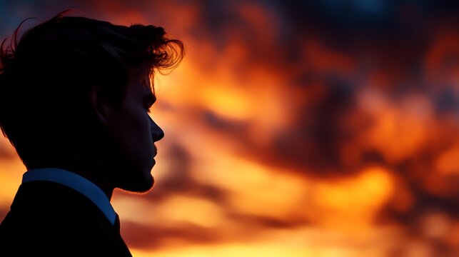 Silhouette of young businessman against dramatic orange sunset sky with dark clouds, symbolizing ambition and future challenges.