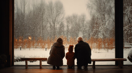 Family enjoying a snowy winter day. A family, including a child, looks out a window at the falling snow, creating a warm, cozy atmosphere. The scene evokes feelings of togetherness.