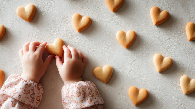 Heart-shaped cookies and baby hands on a white surface. A child's hands gently holding a heart-shaped cookie surrounded by more of the same cookies. It evokes warmth and happiness.