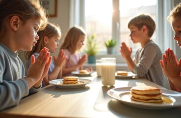 Kids sit at table, pray before breakfast. Pancakes, milk await, hands together in silent devotion. Morning sunlight streams through window, enriching family ritual, childhood innocence, spiritual
