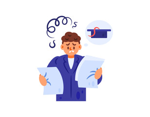 Illustration of a student having difficulty writing a thesis. Stress and frustration in writing a thesis to graduate. Educational problems and obstacles to graduation. Flat style character