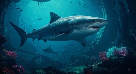 Fototapeta premium Epic Artistic 3D Illustration of a Powerful Bull Shark Cinematic Wildlife Adventure and Futuristic Abstract Design Wallpaper.