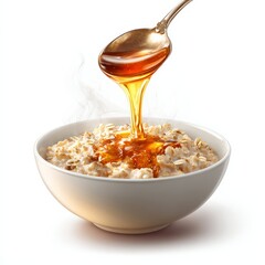 maple syrup mixing into oatmeal with steam rising, warm breakfast prep, photorealistic realism, isolated on white background