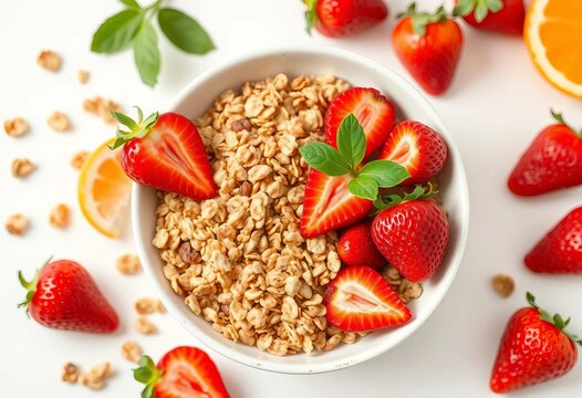 Healthy granola bowl with fresh strawberries & orange juice on white background,   nutrition,   food photography wallpaper